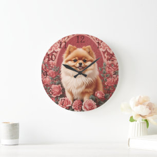 Reloj Redondo Grande Elegante perro pomerano William Morris inspirado