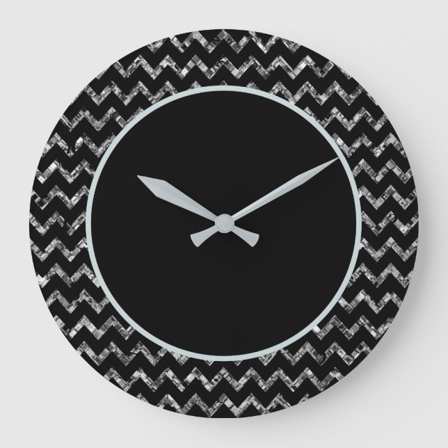 Reloj Redondo Grande Elegante Purpurina de espuma de glam negro platead (Anverso)