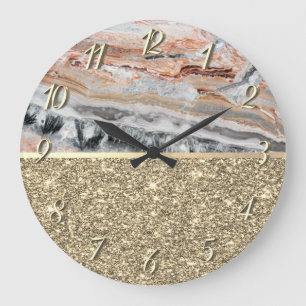 Reloj Redondo Grande Elegante Purpurina dorado brillante piedra de márm