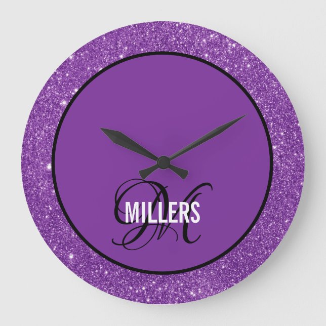 Reloj Redondo Grande Elegante purpurina morado monograma nombre de fami (Anverso)