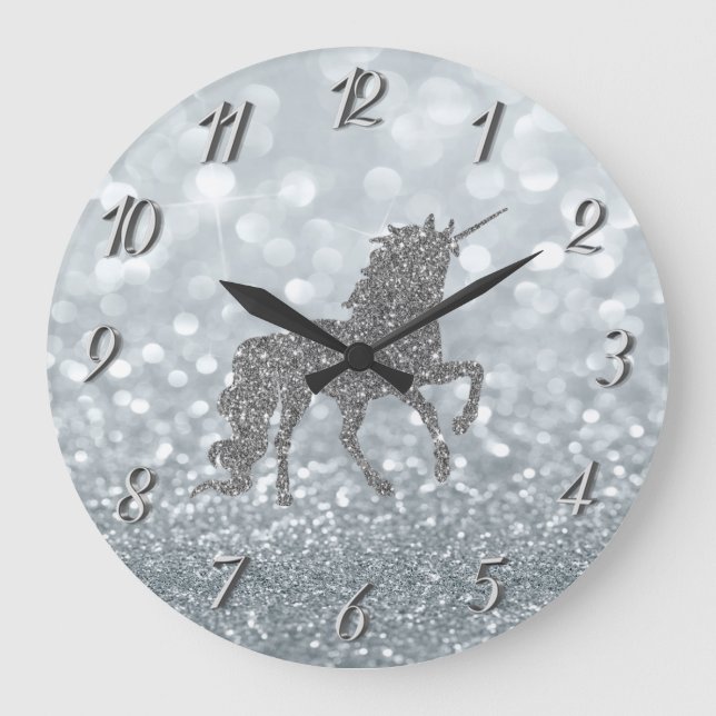 Reloj Redondo Grande Elegante Purpurina Plata Bokeh , Unicornio (Anverso)