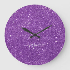 Reloj Redondo Grande Elegante purpurina púrpura nombre de guión