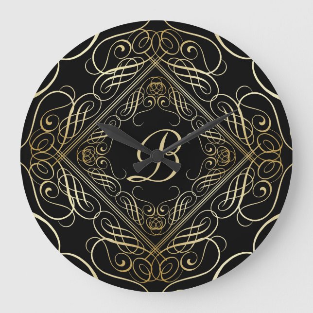 Reloj Redondo Grande Elegante Relieve metalizado dorado Aspecto guión g (Anverso)