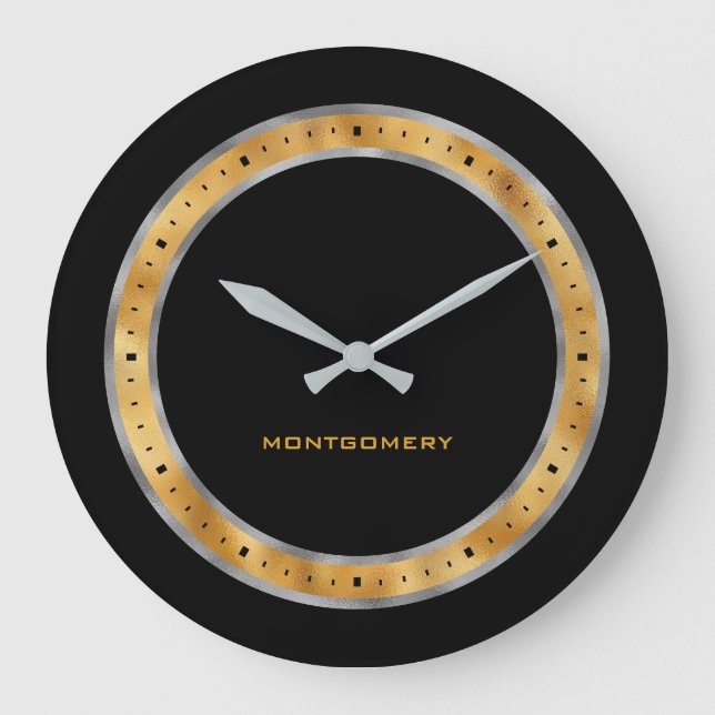 Reloj Redondo Grande Elegante Relieve metalizado dorado negro plateado  (Anverso)