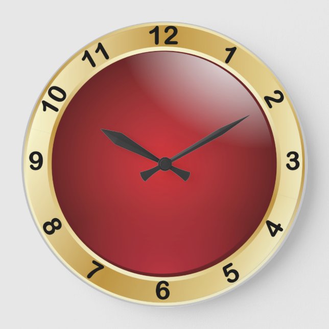 Reloj Redondo Grande Elegante rojo y oro con números negros (Anverso)