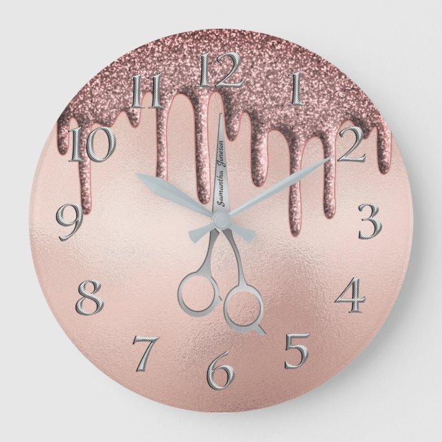 Reloj Redondo Grande Elegante Rosa Gold Hairstylist Scissor (Anverso)