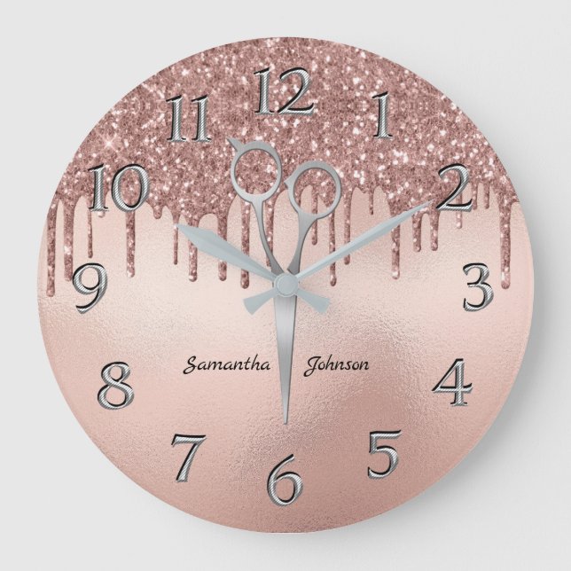 Reloj Redondo Grande Elegante Rosa Gold Hairstylist Scissor (Anverso)