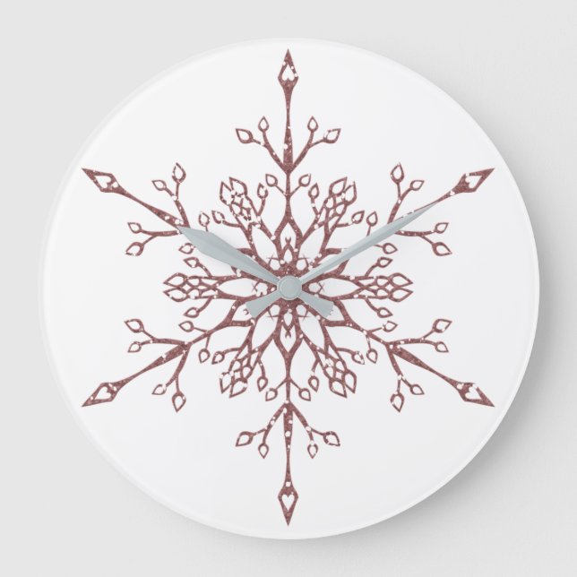 Reloj Redondo Grande Elegante Rosa Purpurina de oro Navidades Snowflake (Anverso)
