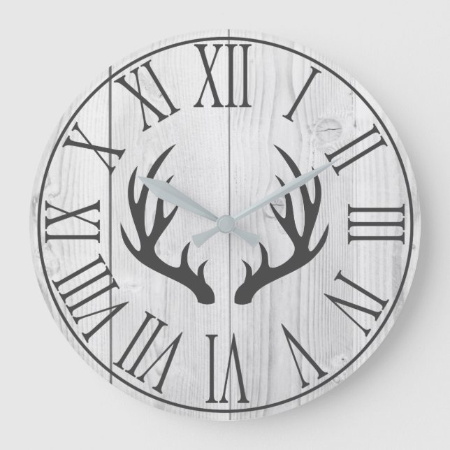 Reloj Redondo Grande Elegante Rústico Faux White Wood & Deer Antlers (Anverso)