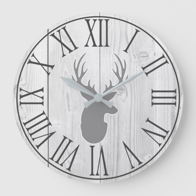 Reloj Redondo Grande Elegante Rústico Faux White Wood & Grey Deer (Anverso)