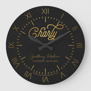Reloj Redondo Grande Elegante script personalizado negro dorado claro