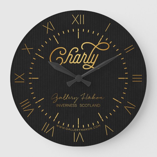 Reloj Redondo Grande Elegante script personalizado negro dorado claro (Anverso)