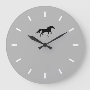 Reloj Redondo Grande Elegante silueta de caballo negro sobre gris plata