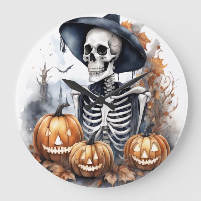 Reloj Redondo Grande Elegante Skeleton Halloween acuarela (Anverso)