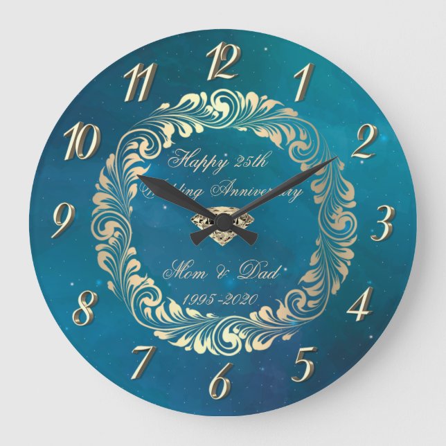 Reloj Redondo Grande Elegante Swirls Azul 25 Aniversario Boda (Anverso)