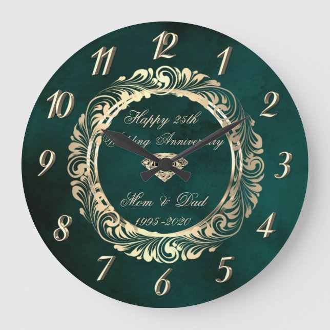 Reloj Redondo Grande Elegante Swirls Green 25º Aniversario Boda (Anverso)