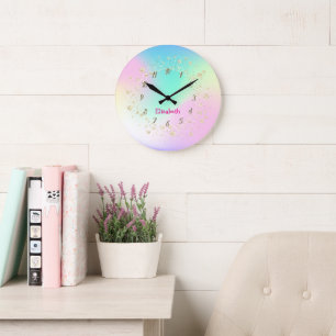 Reloj Redondo Grande Elegante Tendencia Confeti Holográfico Personaliza