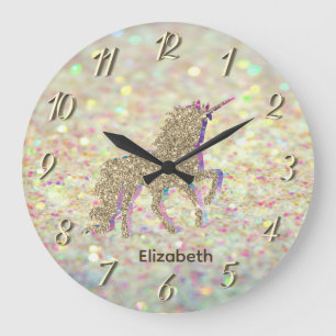 Reloj Redondo Grande Elegante Unicornio de Purpurina Dorada con Bokeh