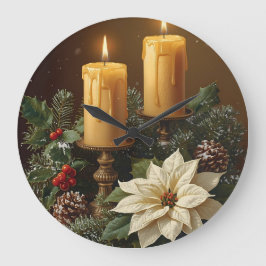Reloj Redondo Grande Elegante vela Navidad acebo pino cálido festivo