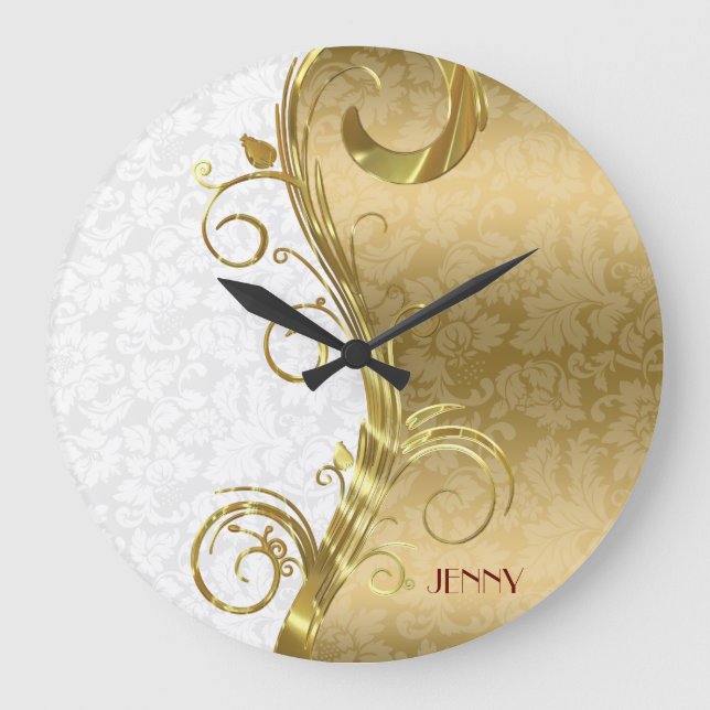 Reloj Redondo Grande Elegante White Gold Damask Gold Swirls (Anverso)