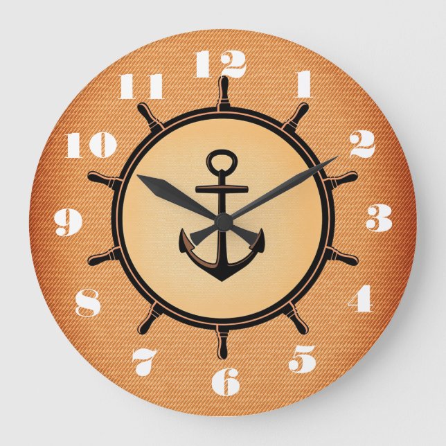 Reloj Redondo Grande Elegante y bello Ancla y Rueda Náutica (Anverso)