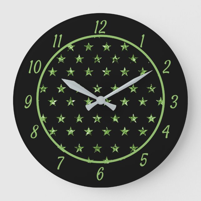 Reloj Redondo Grande Elegantes estrellas verdes gemas de diamantes Glam (Anverso)