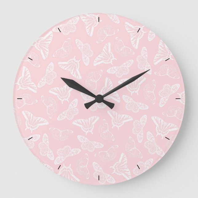Reloj Redondo Grande Elegantes mariposas blancas de diseño rosa (Anverso)