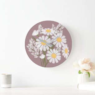Reloj Redondo Grande Elegantes marrones blancos florales en un marrón r