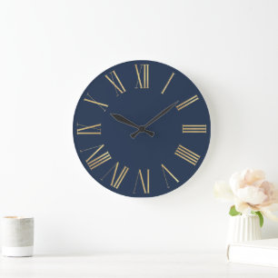 Reloj Redondo Grande Elegantes números romanos de oro en azul marino