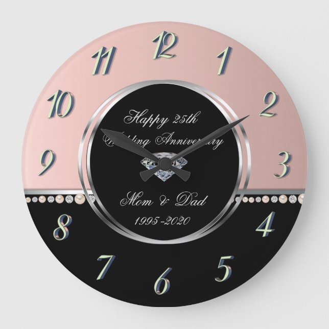 Reloj Redondo Grande Elegantes Perlas Diamantes 25° aniversario Boda (Anverso)