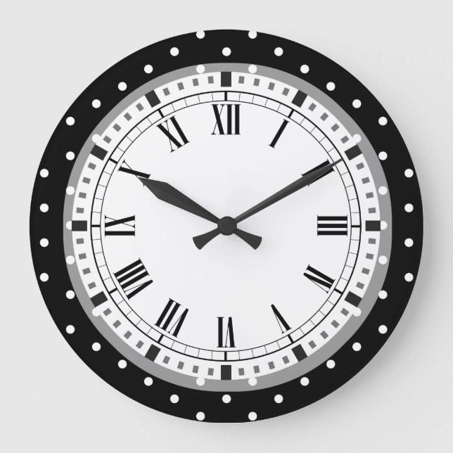 Reloj Redondo Grande Elegantes puntos de Polka Retro Blanco y Negro (Anverso)