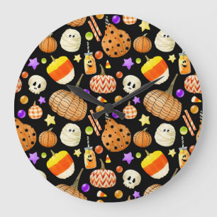 Reloj Redondo Grande Elementos de Halloween: calabazas, calavera, patró