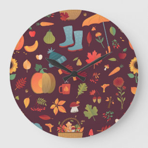 Reloj Redondo Grande Elementos del otoño, fondo oscuro, cosecha