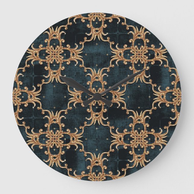 Reloj Redondo Grande Elementos dorados barrocos, sin costuras verde azu (Anverso)