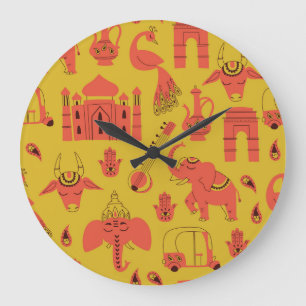 Reloj Redondo Grande Elementos indios, cosecha cosecha a mano.
