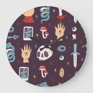 Reloj Redondo Grande Elementos mágicos: cráneo, tarot sin costuras
