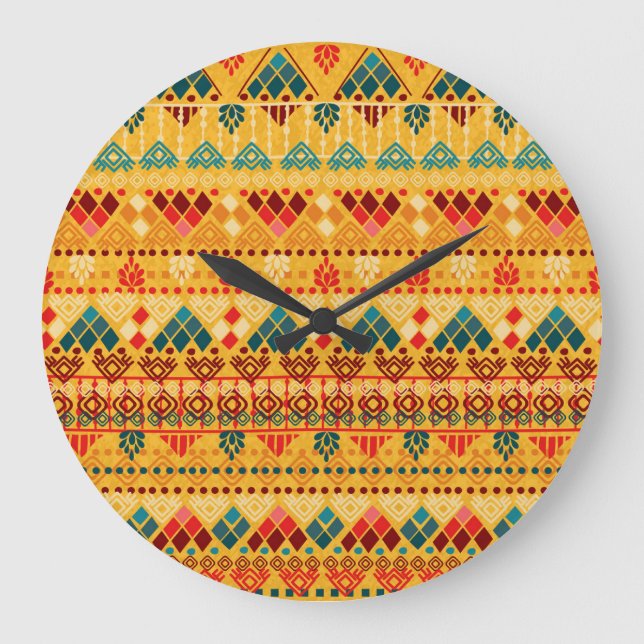 Reloj Redondo Grande Elementos tribales, versátil patrón transparente. (Anverso)