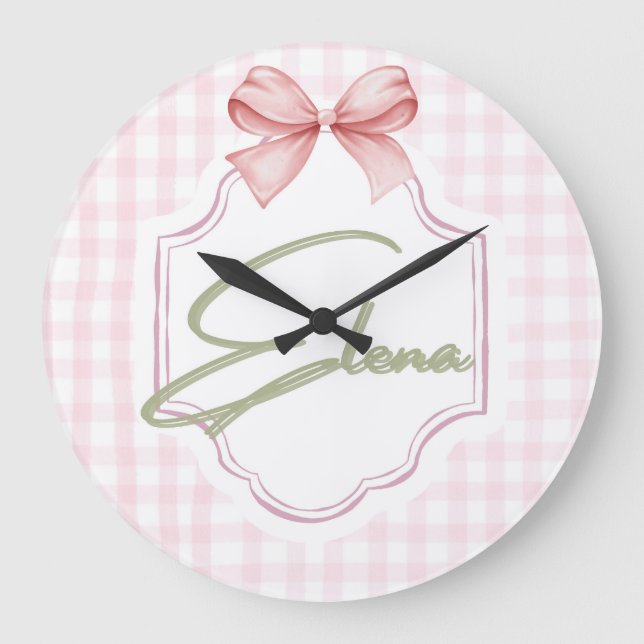 Reloj Redondo Grande Elena Personalizada Baby Nursery Bow&Gingham (Anverso)