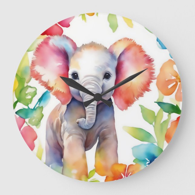 Reloj Redondo Grande Elephant Vibrant Watercolor (Anverso)