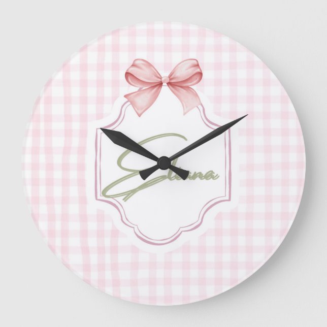 Reloj Redondo Grande Eliana Personalizada Pink Bow & Gingham Print (Anverso)