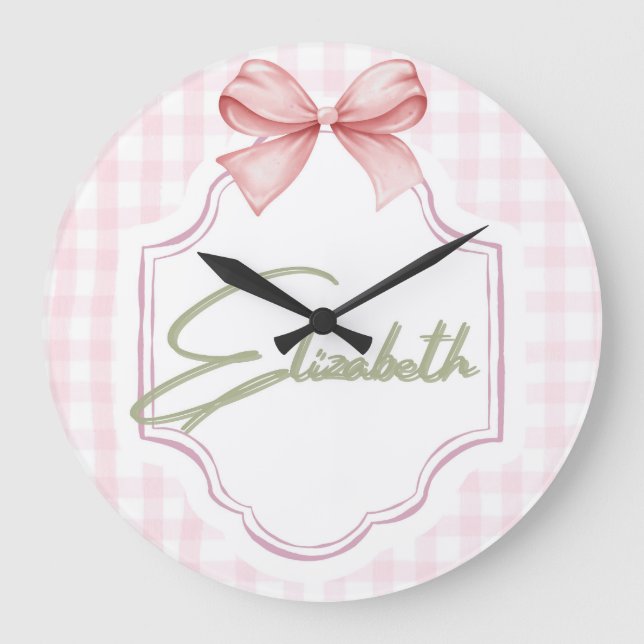 Reloj Redondo Grande Elizabeth Baby Nursery Gingham Personalizada (Anverso)