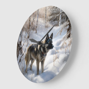 Reloj Redondo Grande Elkhound noruego deja que nieve Navidades