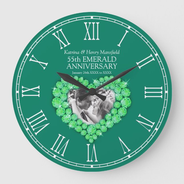 Reloj Redondo Grande Emerald green photo heart 55th wedding anniversary (Anverso)