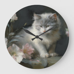 Reloj Redondo Grande En compañía de flores Gris y Gatito Blanco