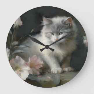 Reloj Redondo Grande En compañía de flores Gris y Gatito Blanco