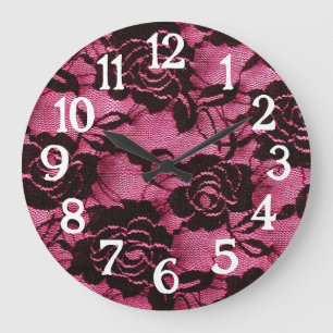 Reloj Redondo Grande Encaje Negro Rosa Gótico
