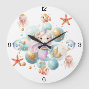 Reloj Redondo Grande Encantadora Princesa Sirena con Amigos Marinos