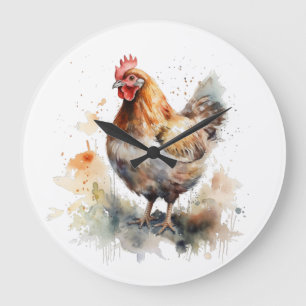 Reloj Redondo Grande Encanto de corral: arte de gallinas en acuarela