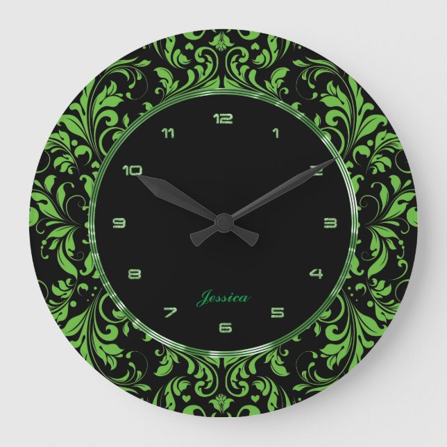 Reloj Redondo Grande Encendido floral verde sobre fondo negro (Anverso)