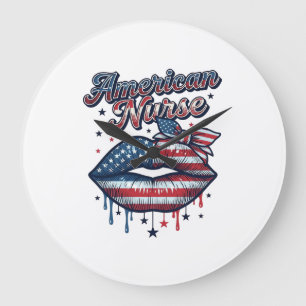 Reloj Redondo Grande Enfermera Americana Diseño Patriótico de Camiseta